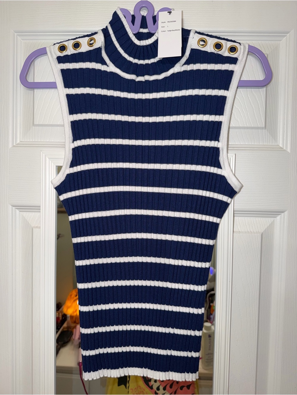 Striped Navy & White Ribbed Mock Neck Tank with Grommet Detail NWT